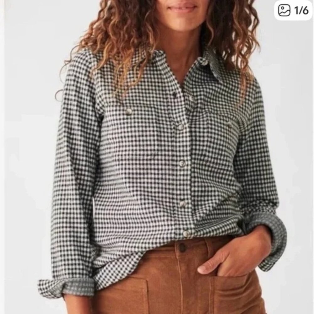 Faherty Women's Legend Sweater Shirt Black White Gingham Check Stretch Size M